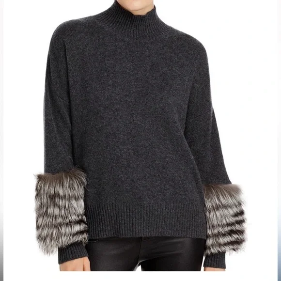 C By Bloomingdales Turtleneck Cashmere Sweater with Fox Fur Cuffs - Picture 2 of 11